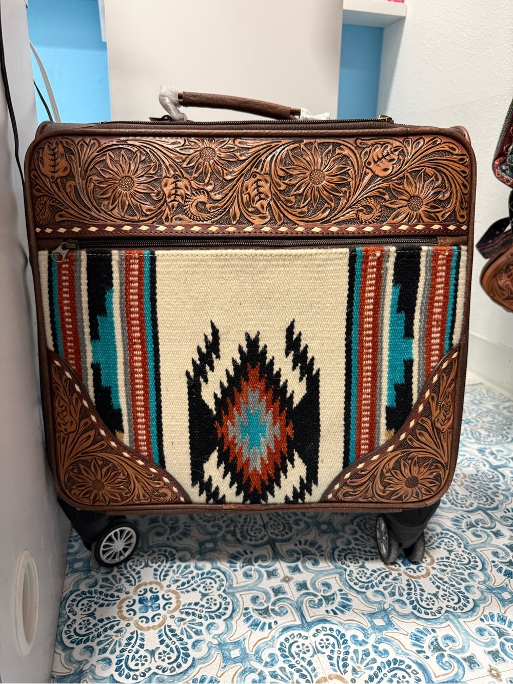 American Darling Brown Leather & Turquoise Southwest Rolling Travel suitcase